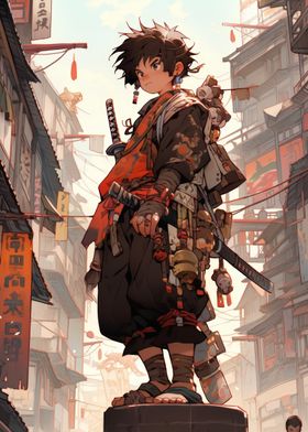 Young Samurai in Cityscape