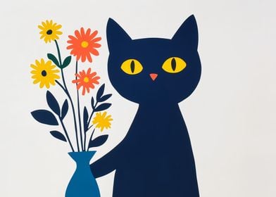 Black Cat with Flowers