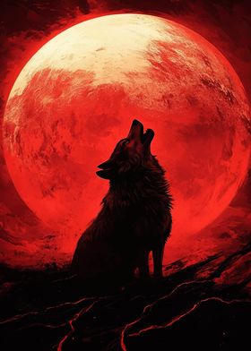 Wolf Howling at Blood Moon