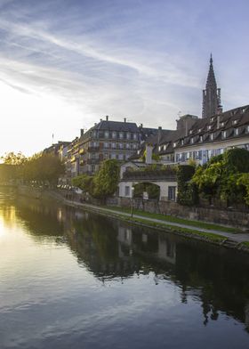 Canalside European Cityscape, Strasbourg, Alsace, France - Cathedral