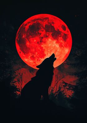 Wolf Howling at Blood Moon