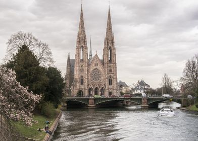 Church by the river, in Strasbourg, France, Alsace