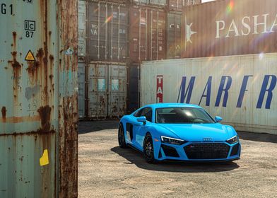 Blue Audi R8 in Industrial Setting