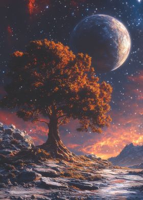 Lonely Tree Under Starry Sky