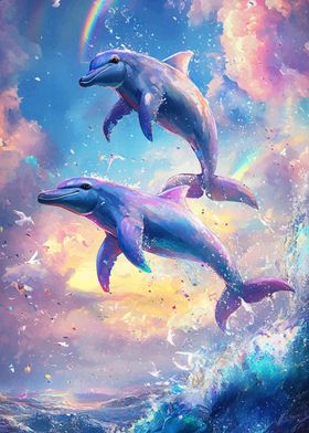 Dolphins Leaping Rainbow