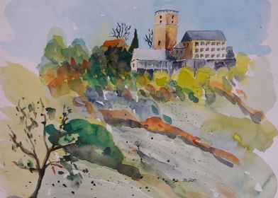 Watercolor Castle Landscape