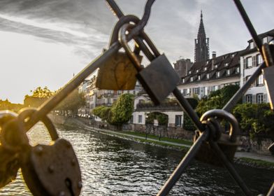 Love locks bridge view in Strasbourg, Alsace, France - Cathedral