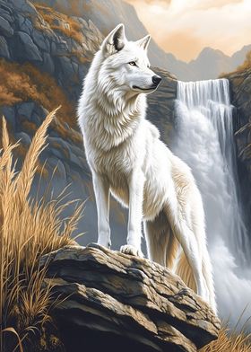 White Wolf by Waterfall