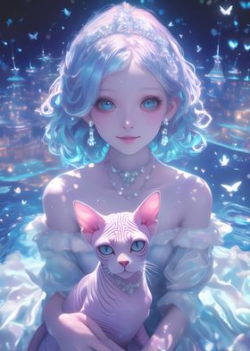 Anime Girl with Sphynx Cat