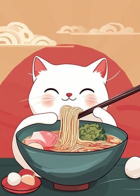 Cute Cat Eating Ramen