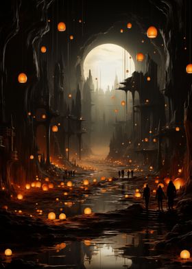 Floating Lanterns in a Cave City