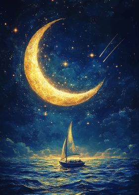 Sailboat Under Crescent Moon