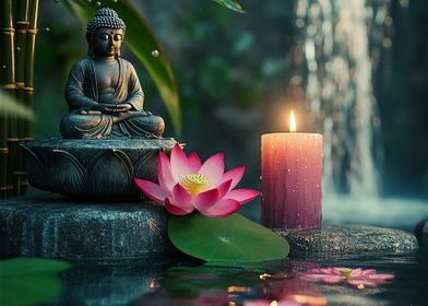 Buddha Statue with Lotus and Candle