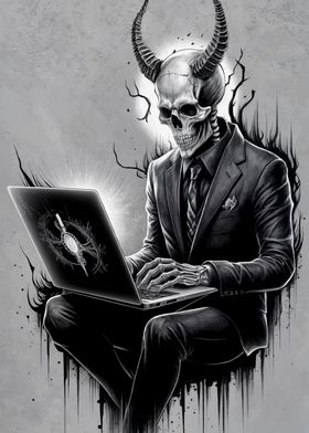 Demon in Suit Using Laptop