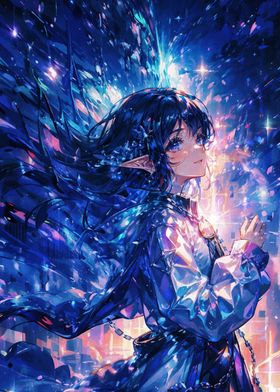 Anime Girl with Blue Hair and Sparkling Background