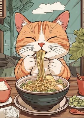 Cat Eating Ramen