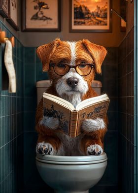 Dog Reading on Toilet