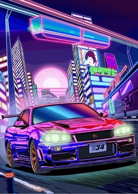 Neon City Skyline with Sports Car