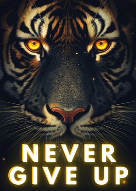 Tiger Never Give Up Neon Inpirational Quote