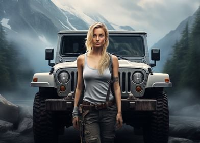 Woman in front of Jeep