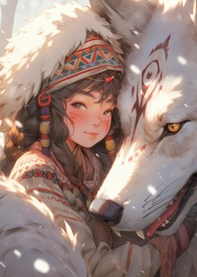 Anime Girl with White Wolf