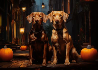 Fox red labs in a Halloween Alley