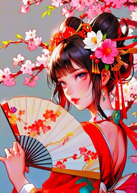 Anime Girl with Fan and Flowers