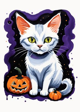 Halloween Cat with Pumpkins