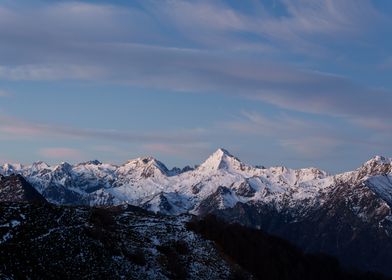 Snowy Mountain on sunrise in Pyrenees