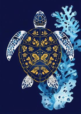 Sea Turtle with Floral Coral