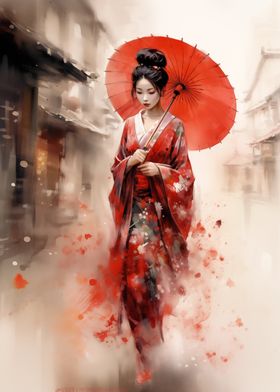 Lonely Geisha in Red Kimono 