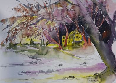 Watercolor House in Woods