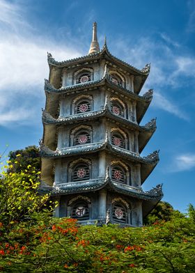 Gray Pagoda with Red Symbols