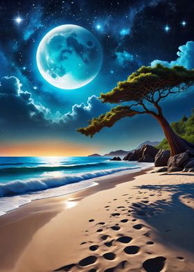 Night Beach with Full Moon