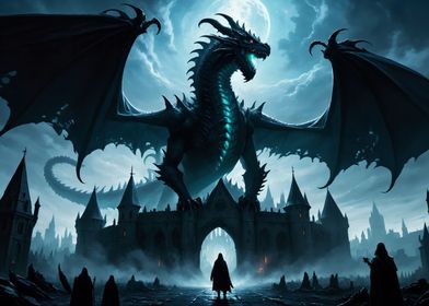 Huge black dragon over a medieval city