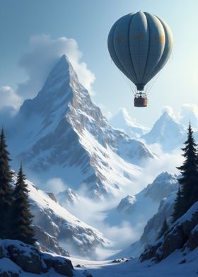 Hot Air Balloon Over Snowy Mountains