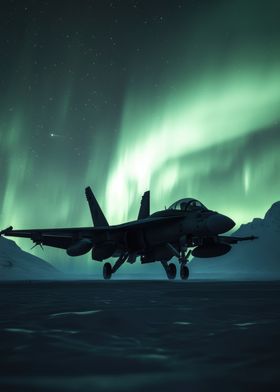 Fighter Jet Under Aurora Borealis