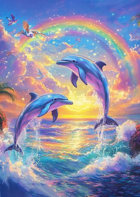 Dolphins Jumping Rainbow Sunset