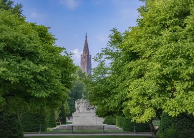 Church Spire Through Trees - Republique, Strasbourg, Alsace, France