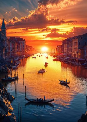 Sunset on the canal in imaginary Venice