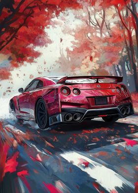 Red Nissan GT-R in Autumn