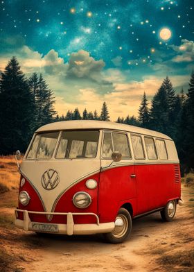 Vintage VW Bus Under Stars