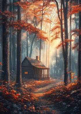 Cabin in Autumn Forest