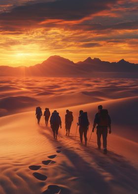 Desert Hikers at Sunset