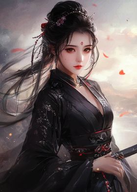 Warrior Woman in Black Kimono