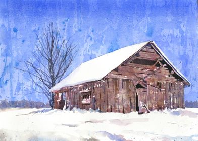 Winter Barn Watercolor