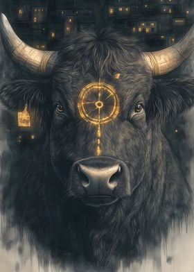 Black Bull with Golden Symbol