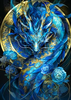 Blue Dragon with Flowers