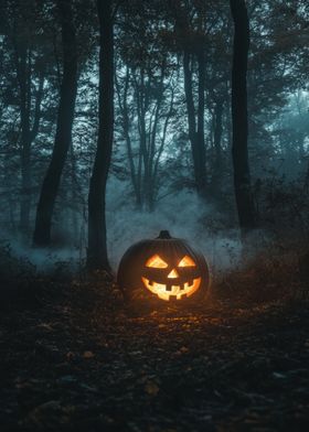 Jack-o'-Lantern in Foggy Forest