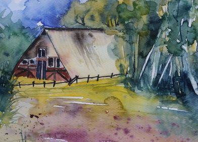 Watercolor Cottage in Woods